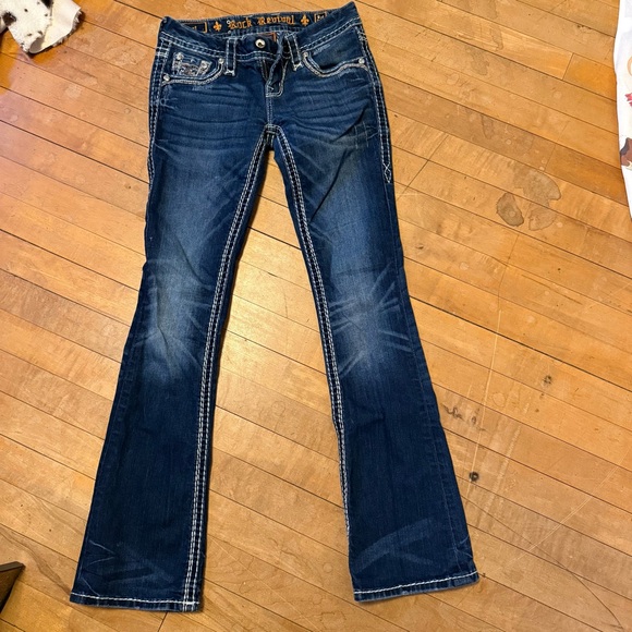 Rock Revival Blue Boot Cut Jeans with Fading and Decorative Stitching - Picture 1 of 3